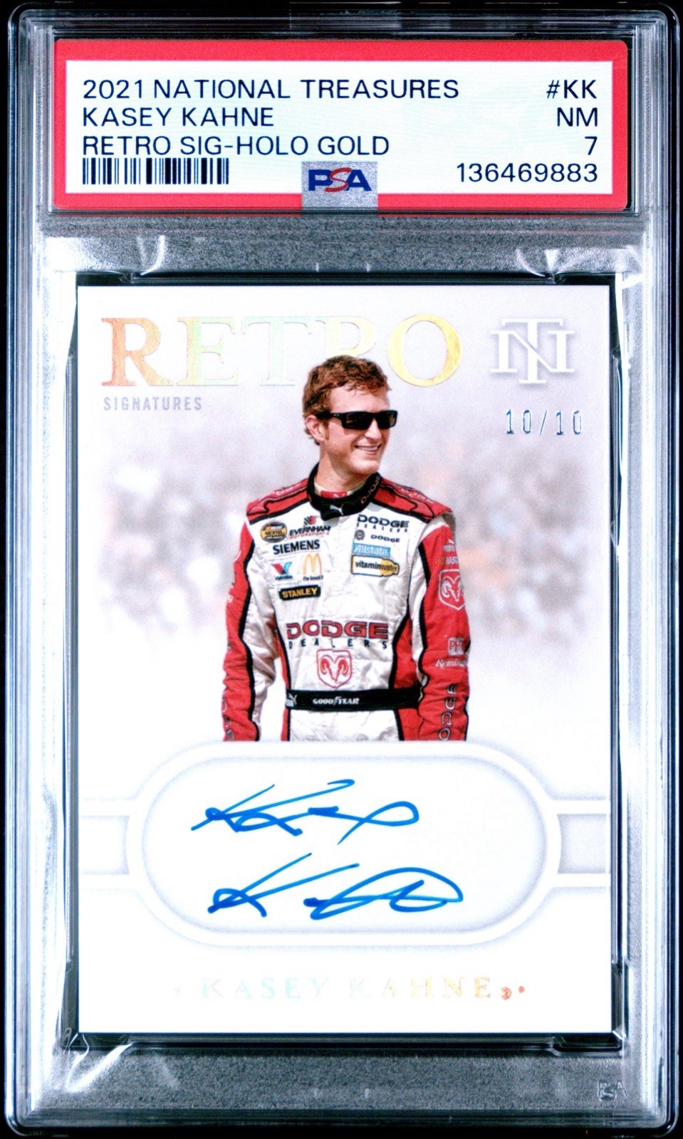 Kasey Kahne 2021 National Treasures Racing Retro On Card Auto GOLD #/10 PSA 7 view 1