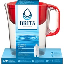 Large 10-cup Red Huron water filter pitcher with 1 standard filter, BPA-free