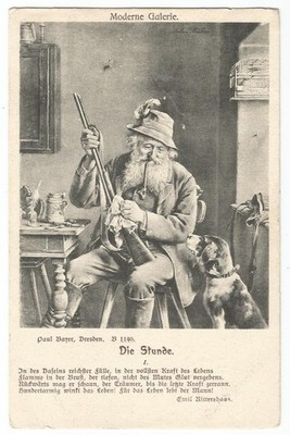 Hunting, Hunter with Dog, Old Forester Cleans His Rifle, Old Postcard Circa 1900