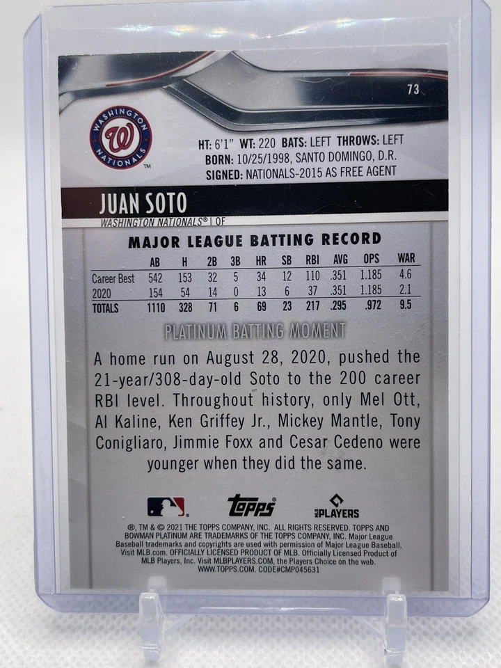 2021 Bowman Platinum Juan Soto Orange Foil #1/25 - Image 3 of 3