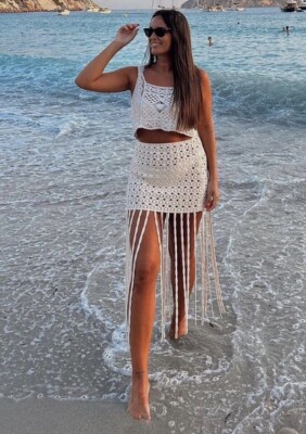 LAST!❤️Zara High Waist Ecru Crochet Knit Fringed Skirt sz S
