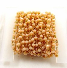 3 Feet Peach Quartz Rondelle Faceted 3-4mm, Rosary Beaded Chain Gold Wire