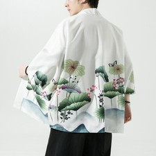 Men Lotus Pattern Yukata Kimono Coat Haori Happi Shirt Loose Sleeve Cardigan Top