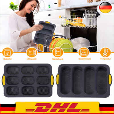2x Baguette Backblech Backform Brot Brötchen Silikon Backen Form Ölpinsel Set
