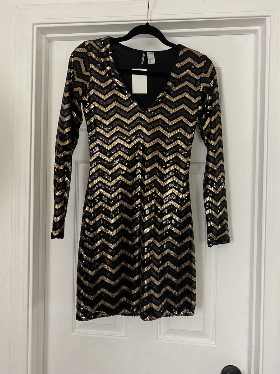 NWT h&m Divided Black and gold chevron stripe sequin long sleeve dress size 6