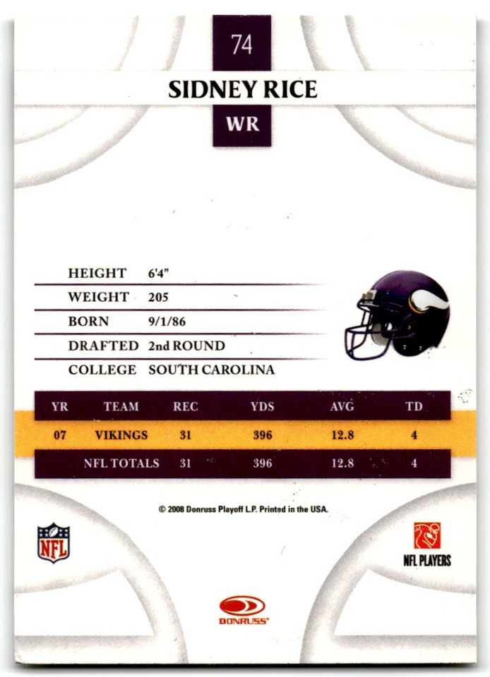 2008 Donruss Threads Sidney Rice Minnesota Vikings #74 | eBay