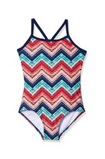 NWT Kanu Surf sz 14 Girls one pc Swimsuit Kirsten Coral Chevron Multicolor R52