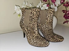 Olivia Miller Shania Leopard Print Faux Suede Double Gore Heeled Booties Sz. 8