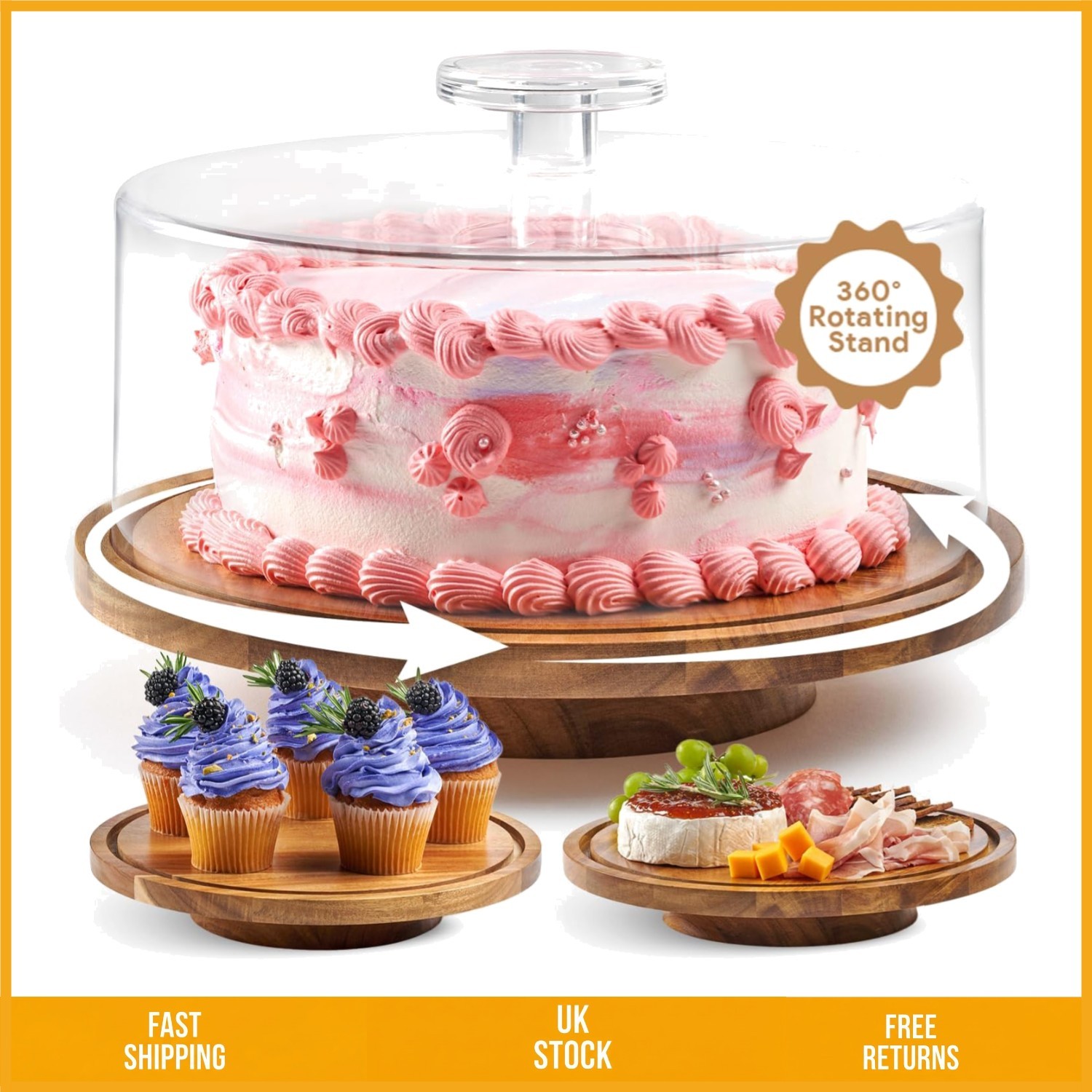 Elegant Acacia Wood Rotating Cake Stand with Shatterproof Dome 12 Inch 1 Qty