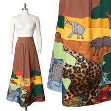 Vintage 1970s Maxi Skirt 70s Hand Appliqu  Animals Safari Novelty Border Print