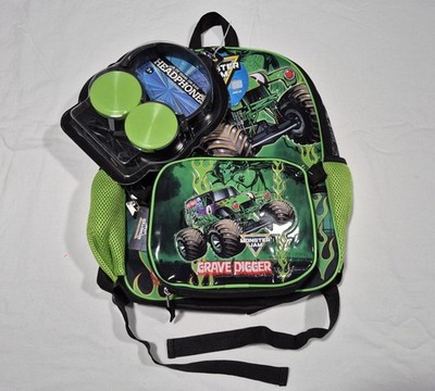 Monster Jam 4 PC Set Kids Backpack Grave Diger School Bag Headphones, Lunch kit