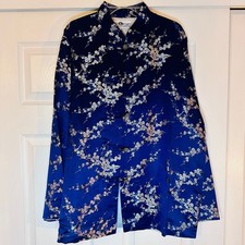 Blue Floral Mandarin Jacket Women M Brocade Vintage Asian Inspired
