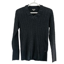 Vtg Y2K Eddie Bauer Charcoal Grey Cable Knit V-Neck Sweater Cotton Small Bella