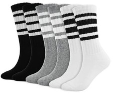 Striped Crew Socks Women - Retro Novelty Socks 5-11 3 Pairs - Black White Grey