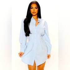 Fashion Nova NWT “Not Your Average Shirt Dress” Long sleeve Light blue button up