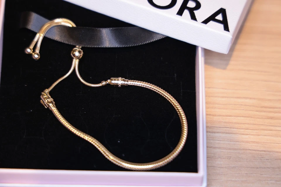 Original PANDORA Schlangenglieder Armband 14 K vergolde längenverstellb. NEU+OVP - Bild 3 von 4