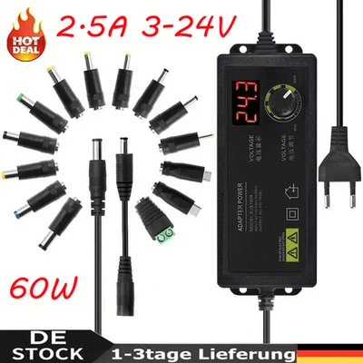 MARKENLOS Steckernetzteil Regelbar 2,5A 60W DC 3V-24V Schalt Netzteil Trafo Schaltnetzteil
