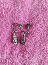 Vintage Silver Marcasite Drop Clip On Earrings