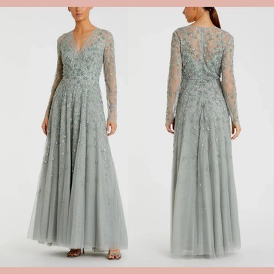 Mac Duggal 9131 Embellished Wrap Over Illusion Long Sleeve Gown Size:16 $798 NWT
