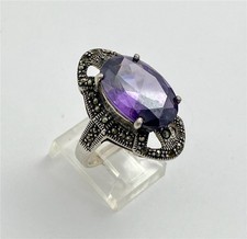 Vintage Art Deco Style 925 Sterling Silver  Marcasite Purple Cz Ring Size 8.75