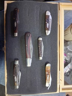 6 vintage case xx slip joint pocket knives in burnt wood display case