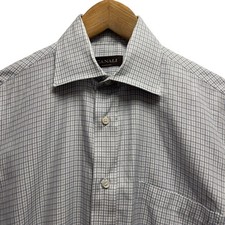 Canali Mens 15/38 White/Blue Checkered Plaid Button Front Cotton Dress Shirt euc