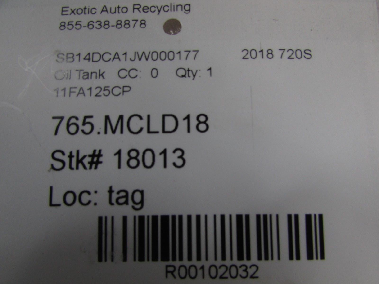 McLaren 720S, Oil Tank, Used, P/N 11FA125CP