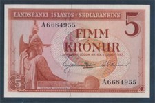 Banknoten Island 1957 Pick-Nr: 37b bankfrisch 5 Kronur (10717166