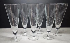 Vintage Crystal Pilsner / Beer Glasses - Etched Wheat Motif, Set of 6