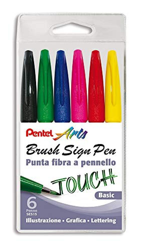 Pentel Brush Sign Pen pennarello con punta fibra pennello 6 pz colori basic - NU