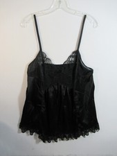Vintage Satin & Lace Frilly Babydoll Pajama Top Size 1X Black Nylon Made in USA