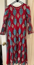 3 Pc - women pakistani shalwar kameez - Semi Formal - Red Green Golden