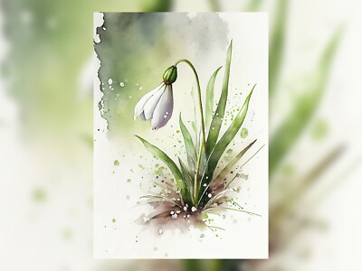 Zartes friedliches Schneeglöckchen Aquarell 5''x7'' Druck auf mattem Papier | Blumenkunst