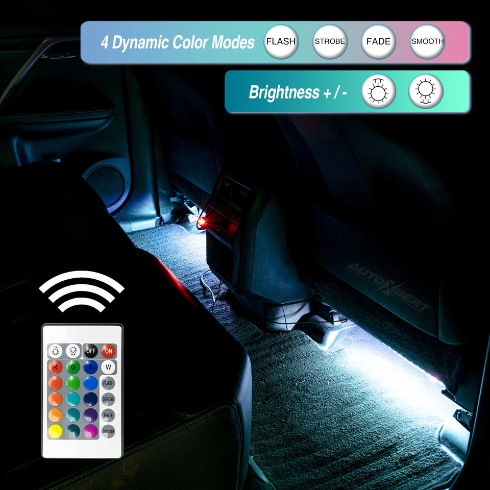 Car Interior Footwell 60 LED Strip Lights RGB Multicolour Remote Atmosphere Lamp - Image 2 of 4