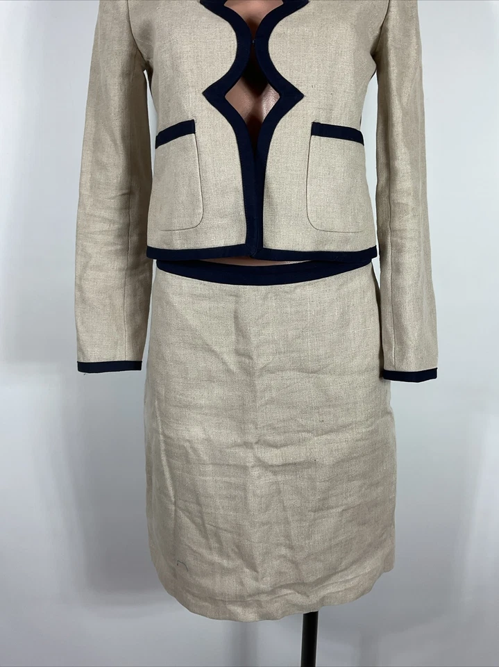 J Crew 100% Linen Scalloped Beige Navy Blue Trim Woven Suit Blazer Skirt Set 2pc - Image 4 of 4