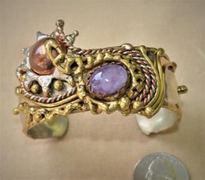Gestempelt Mexico 2 Ton Goldfarbig Amethyst Sonne Mond 6.3cmd Armreif Armband
