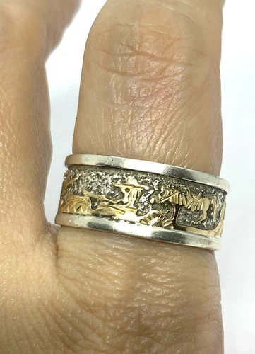 VTG Navajo TSK Tom & Sylvia Kee Silver Gold Filled Story Band Ring Sz11.75