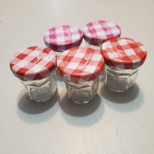 Lot of 5 Mini Jars Bonne Maman France 1 Oz Empty Glass Crafts Storage Pink lids.