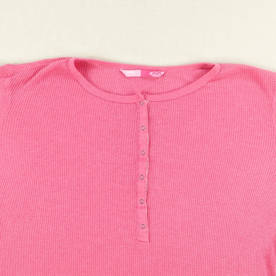 Vintage Roxy Shirt Womens XL Pink Waffle Knit Snap Up Thermal Henley Top 90s - Image 2 of 4