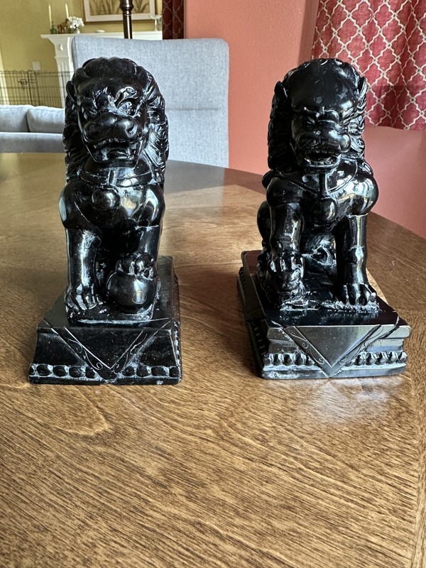 Chinese Hand Carved Black Stone Foo Fu Dog Lion Figurines Pair Vintage 6"