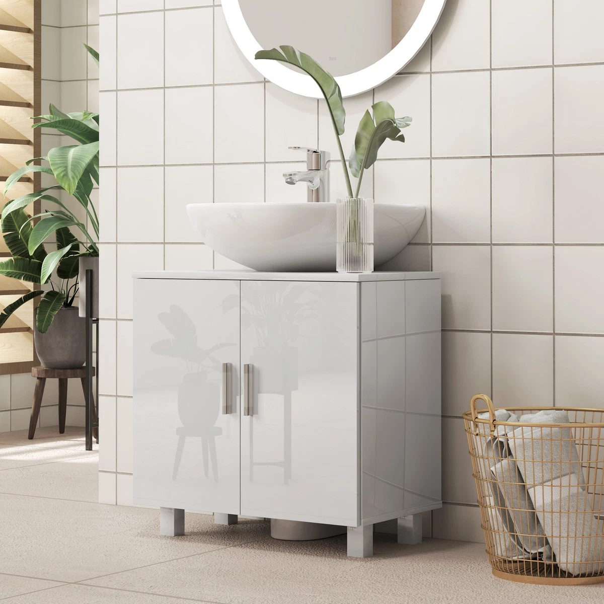 HOMCOM Mueble de baño independiente alto brillo debajo del lavabo, blanco
