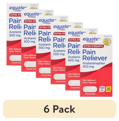 (6 pack) Equate Extra Strength Acetaminophen 500mg Caplets, Pain Reliever/Fever