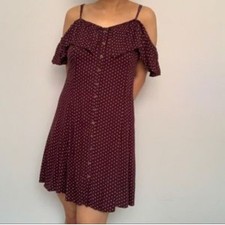 American Eagle Burgundy Polka Dot Cold Shoulder Button Front Mini Dress 00