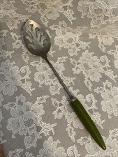 "Cuchara ranurada de acero inoxidable vintage aguacate verde baquelita mango de bala 12,5"" ¡Bonito!