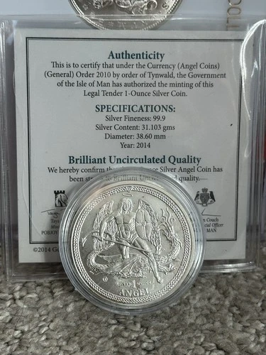 2014 Isle of Man 1 Oz .999 Silver Angel Uncirculated Coin With COA