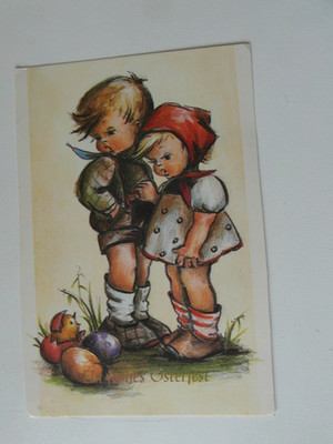 Postcard a happy Easter 2 children, chicks, Easter eggs, meadow, flowers besr.