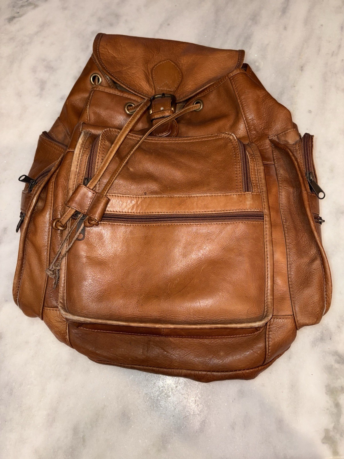 Brown Backpack with Drawstring, Zipper Accents, M… - image 2