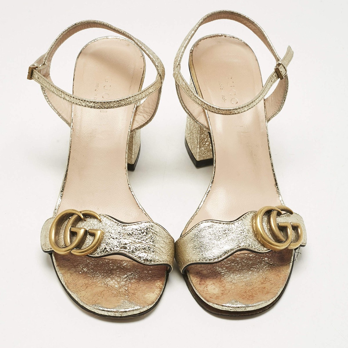 Gucci Metallic Gold Leather GG Marmont Ankle Strap Block Heel