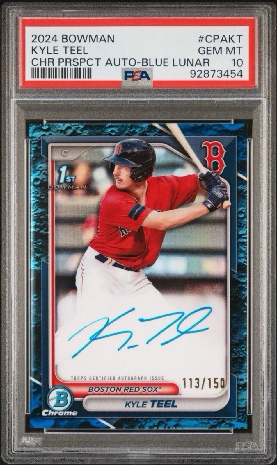2024 KYLE TEEL BOWMAN CHROME PROSPECT 1ST ROOKIE AUTO BLUE LUNAR REF/150 PSA 10