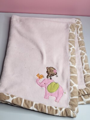 Carter s Baby Blanket Pink Elephant Monkey Bird Plush Giraffe Trim Fluffy